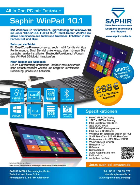 Design der Anzeige zum Saphir Media WinPad Tablet PC
