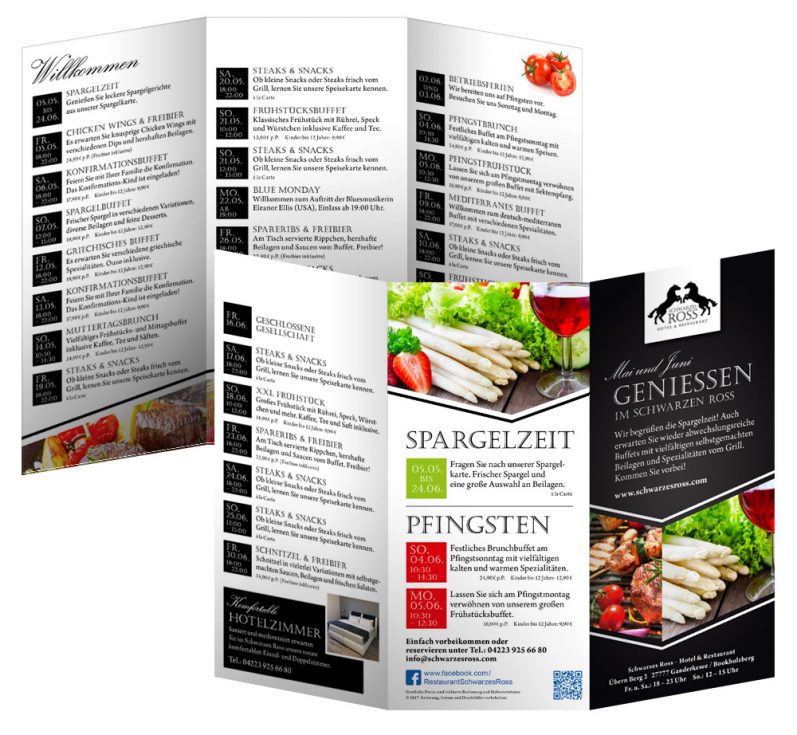 Design Event-Flyer April und Mai im Restaurant Schwarzes Ross Bookholzberg