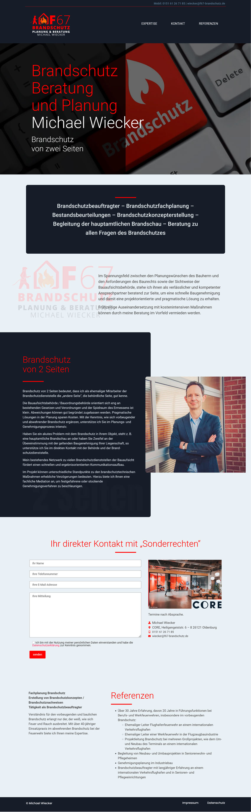 Webdesign der Landingpage für f67 Brandschutz