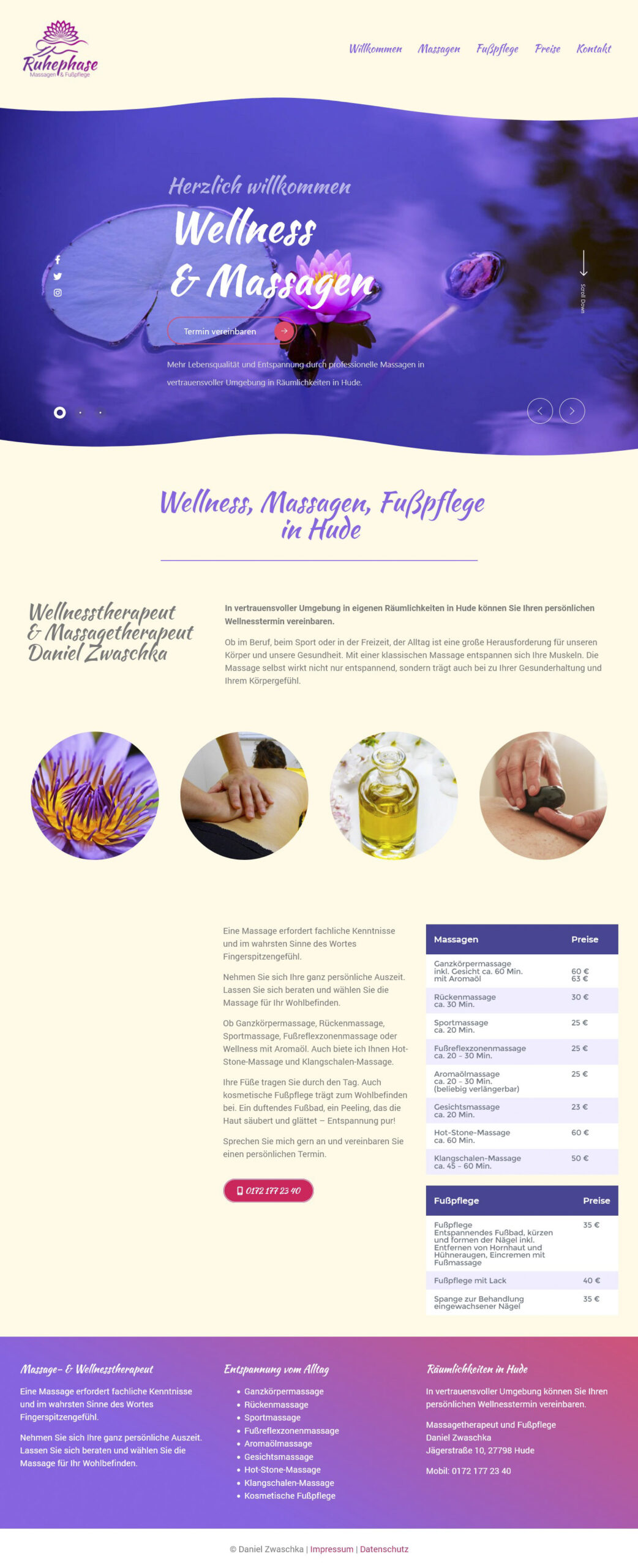 Webdesign für die Homepage Ruhephase Hude, Massagen und Fußpflege